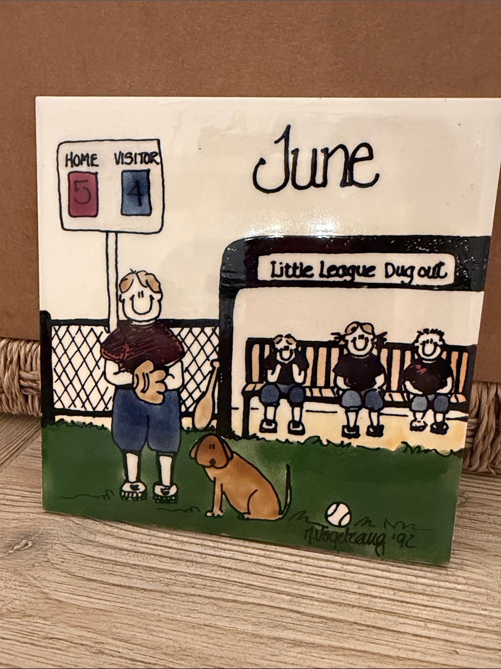 H & R Johnson Ceramic Calendar Tile 1992 June Little League Dugout